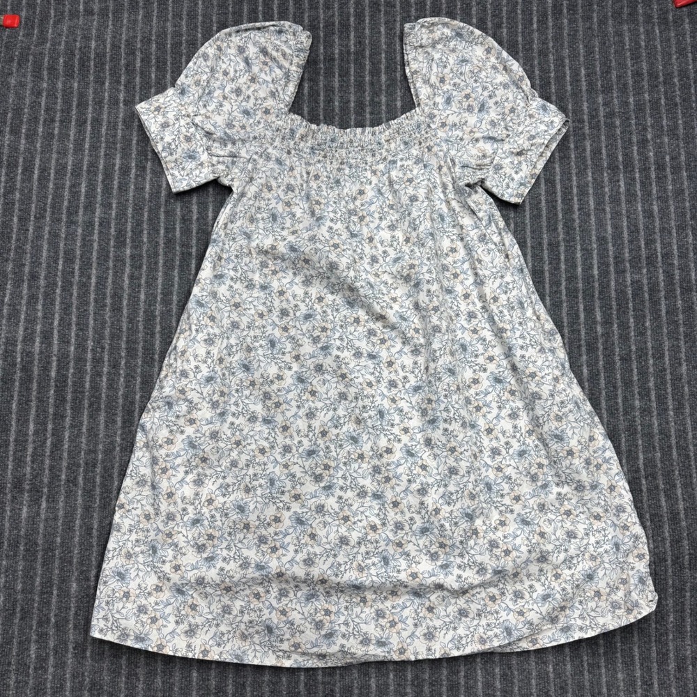 J.Crew Floral Smocked Puff Sleeve Dress Small White Blue Excellent BG501 (2222)